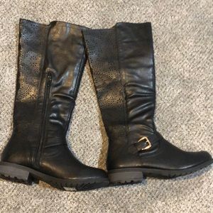 Forever 21 Tall Black Boots Floral Laser Cut Back